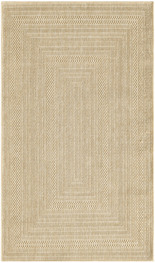 Beige rectangular woven rug with concentric rectangle pattern; natural fiber flat weave, textured casual decor.