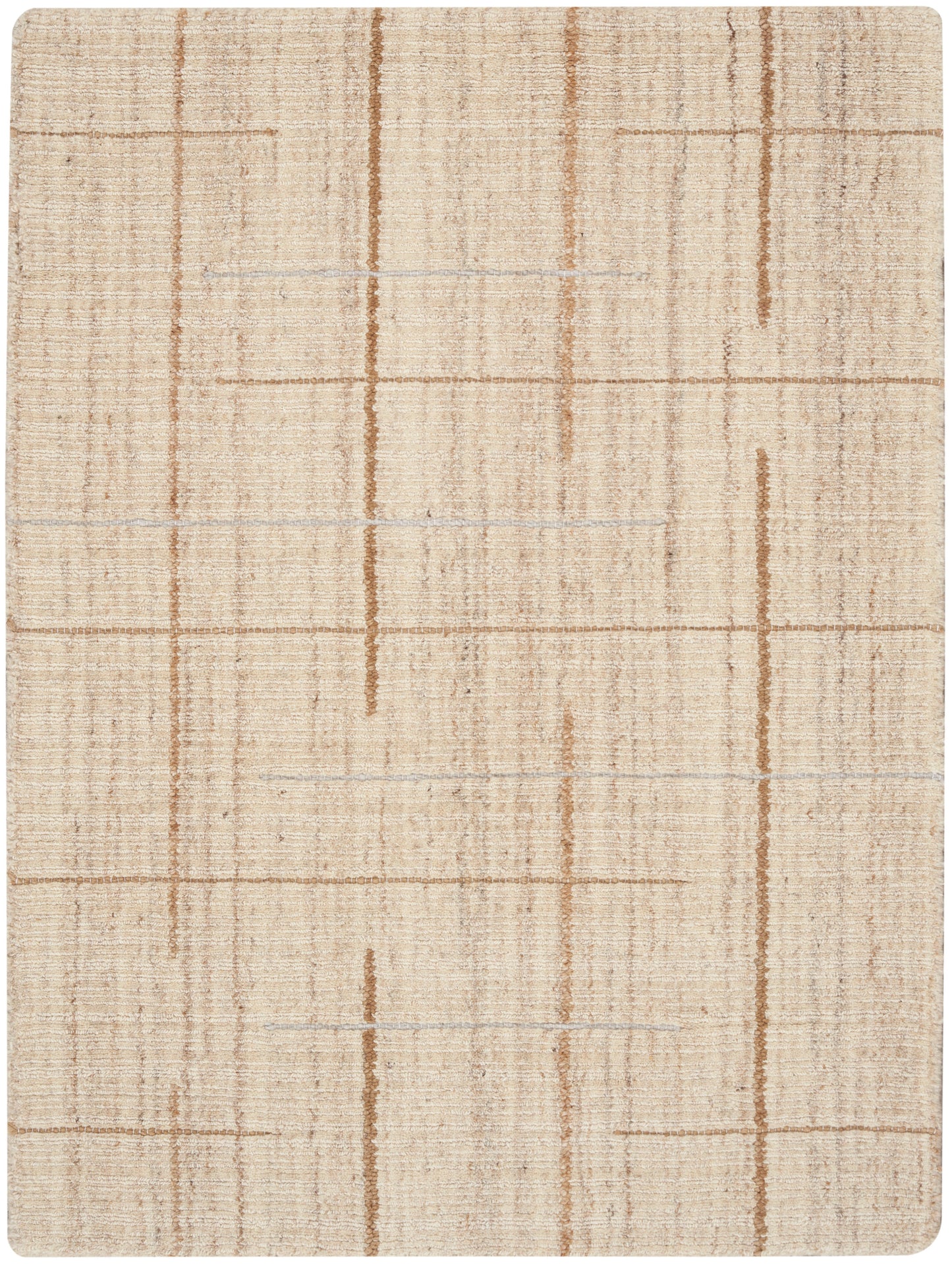 Beige woven area rug with subtle tan grid lines in a geometric pattern.