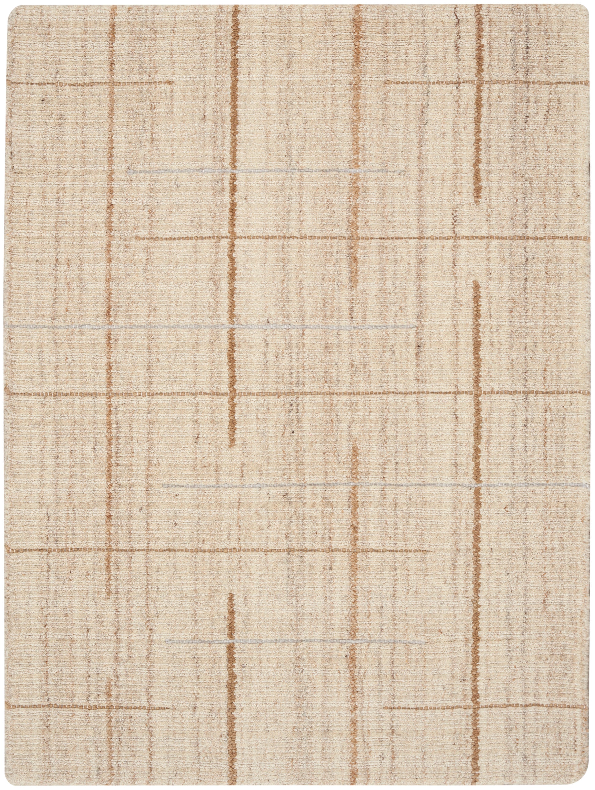 Beige woven area rug with subtle tan grid lines in a geometric pattern.