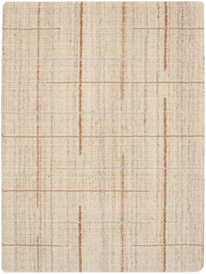 Beige woven area rug with subtle tan grid lines in a geometric pattern.