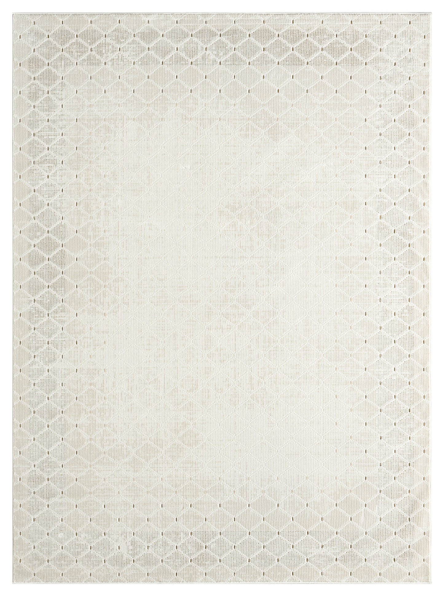 Cream rectangular area rug featuring an allover diamond lattice pattern and subtle textured border.