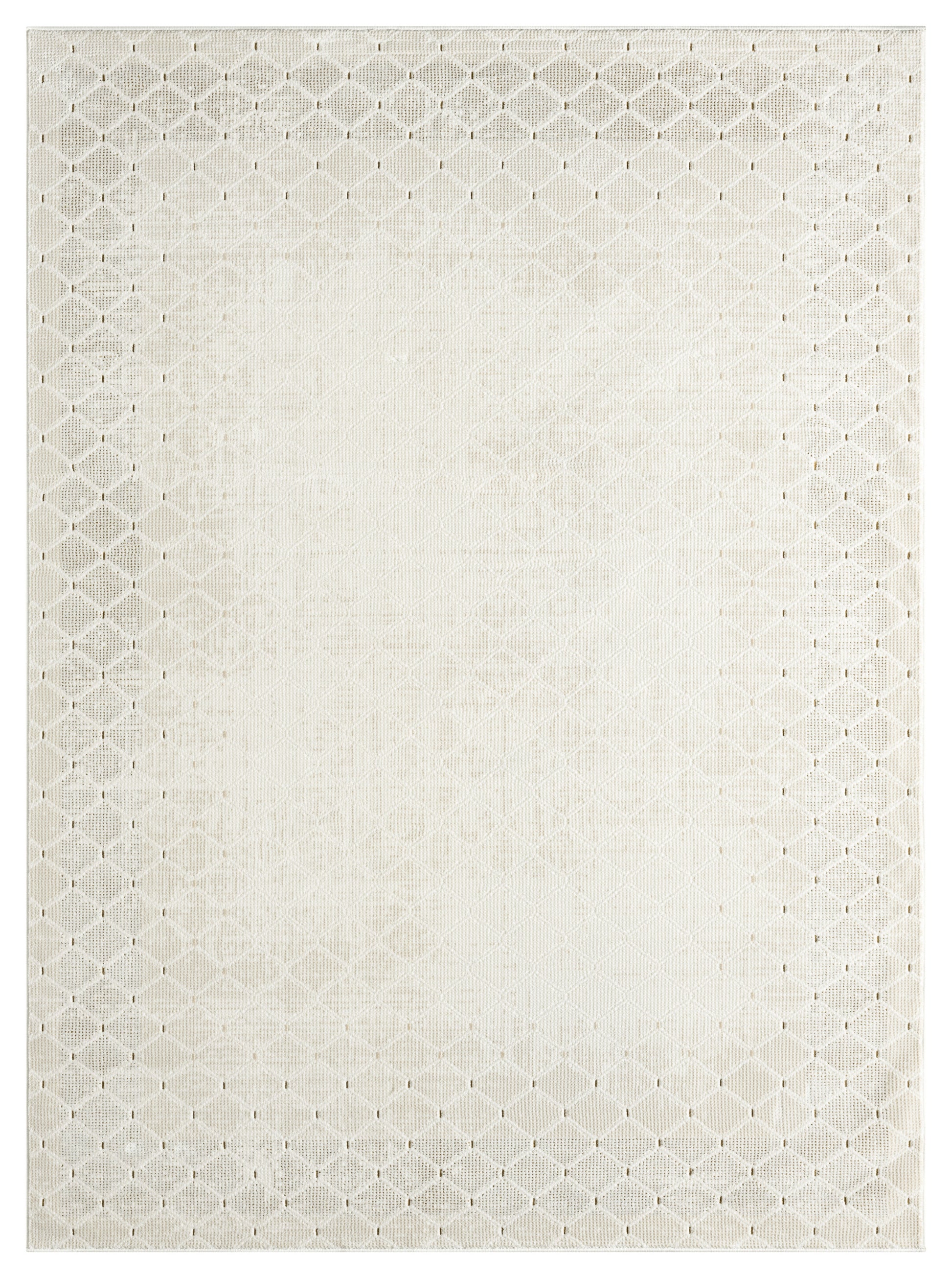 Cream rectangular area rug featuring an allover diamond lattice pattern and subtle textured border.