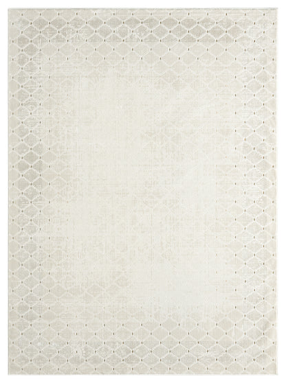 Cream rectangular area rug featuring an allover diamond lattice pattern and subtle textured border.