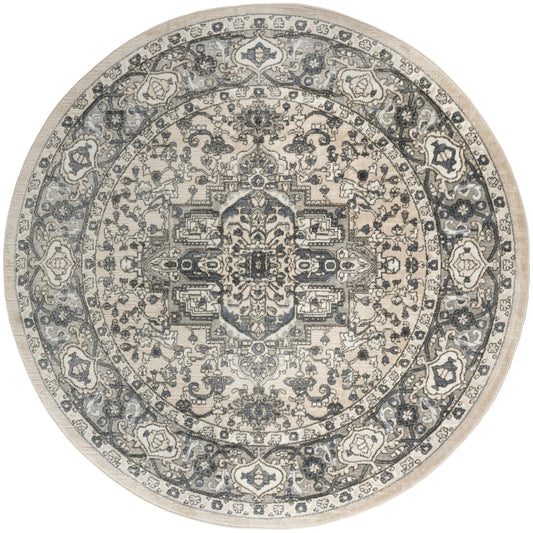 Round Persian-style rug in blue-gray and beige with an intricate floral medallion and ornate border.