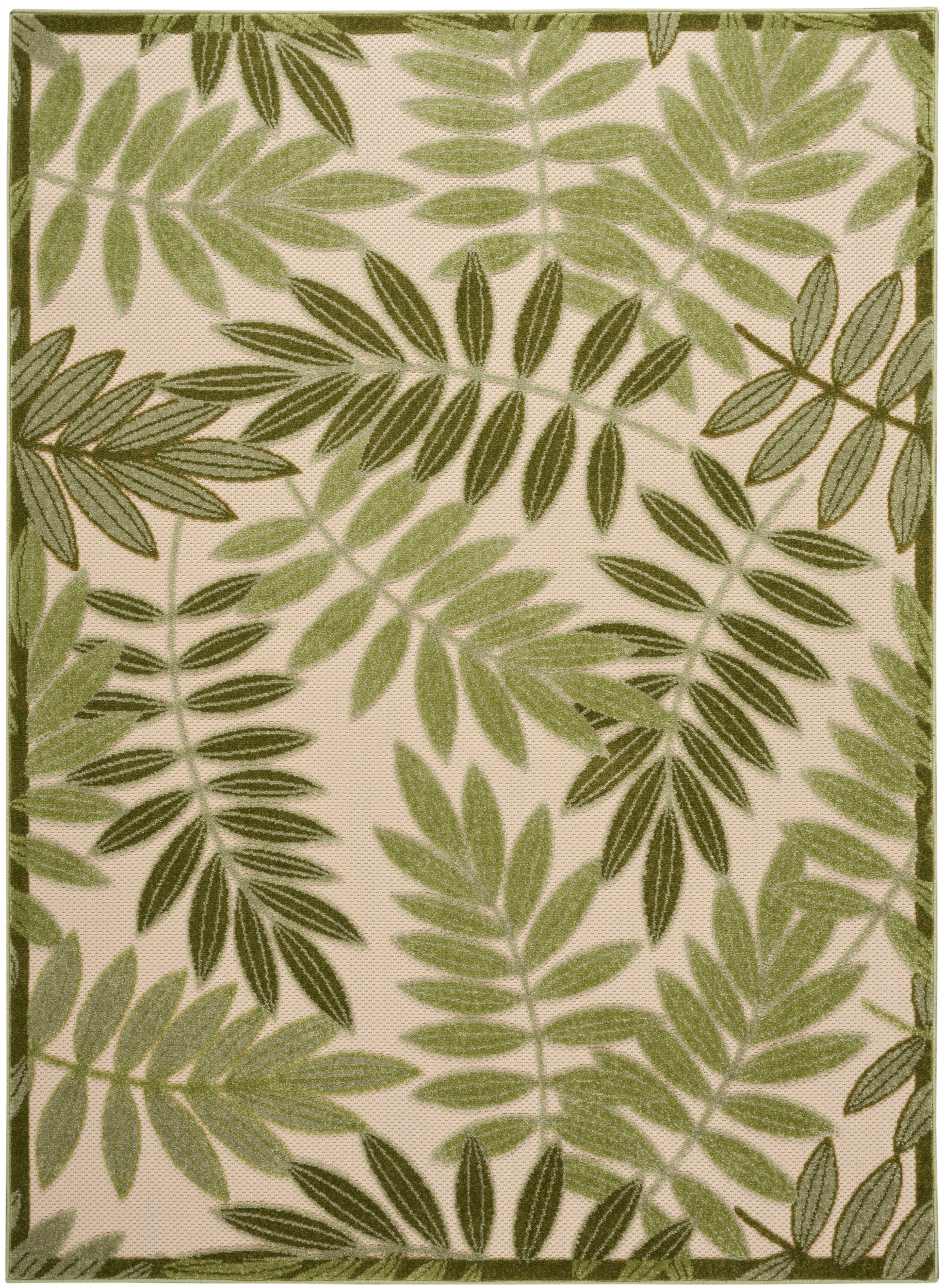 Rectangular beige rug with olive and sage green fern leaves, woven texture, dark green border.