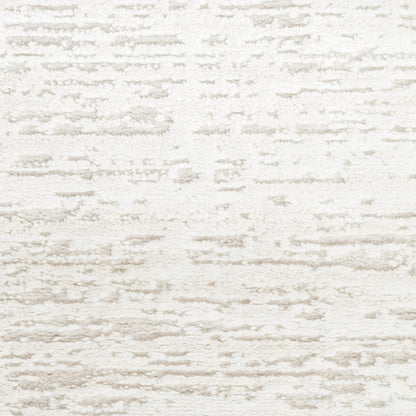 Cream textured rug with subtle horizontal striations and boucle-weave pattern.