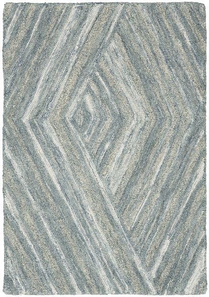 Blue-gray rug with diamond pattern and shaggy looped pile; modern geometric style.