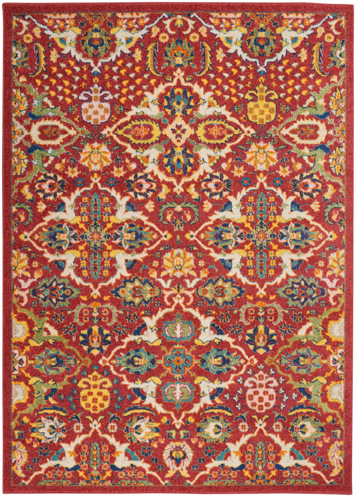 Red oriental rug with intricate multicolor floral motif and border; a woven decorative floor rug.