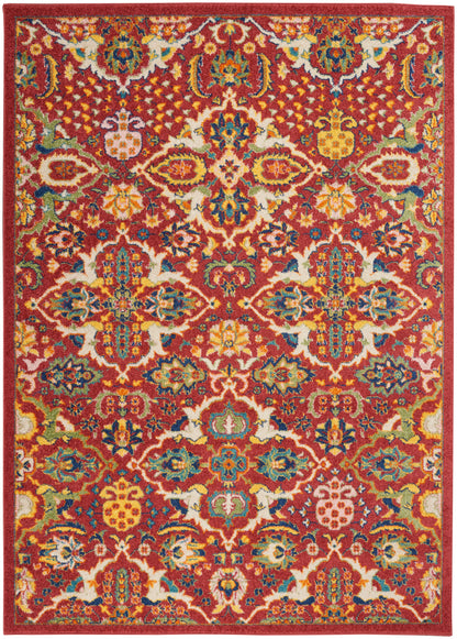 Red oriental rug with intricate multicolor floral motif and border; a woven decorative floor rug.