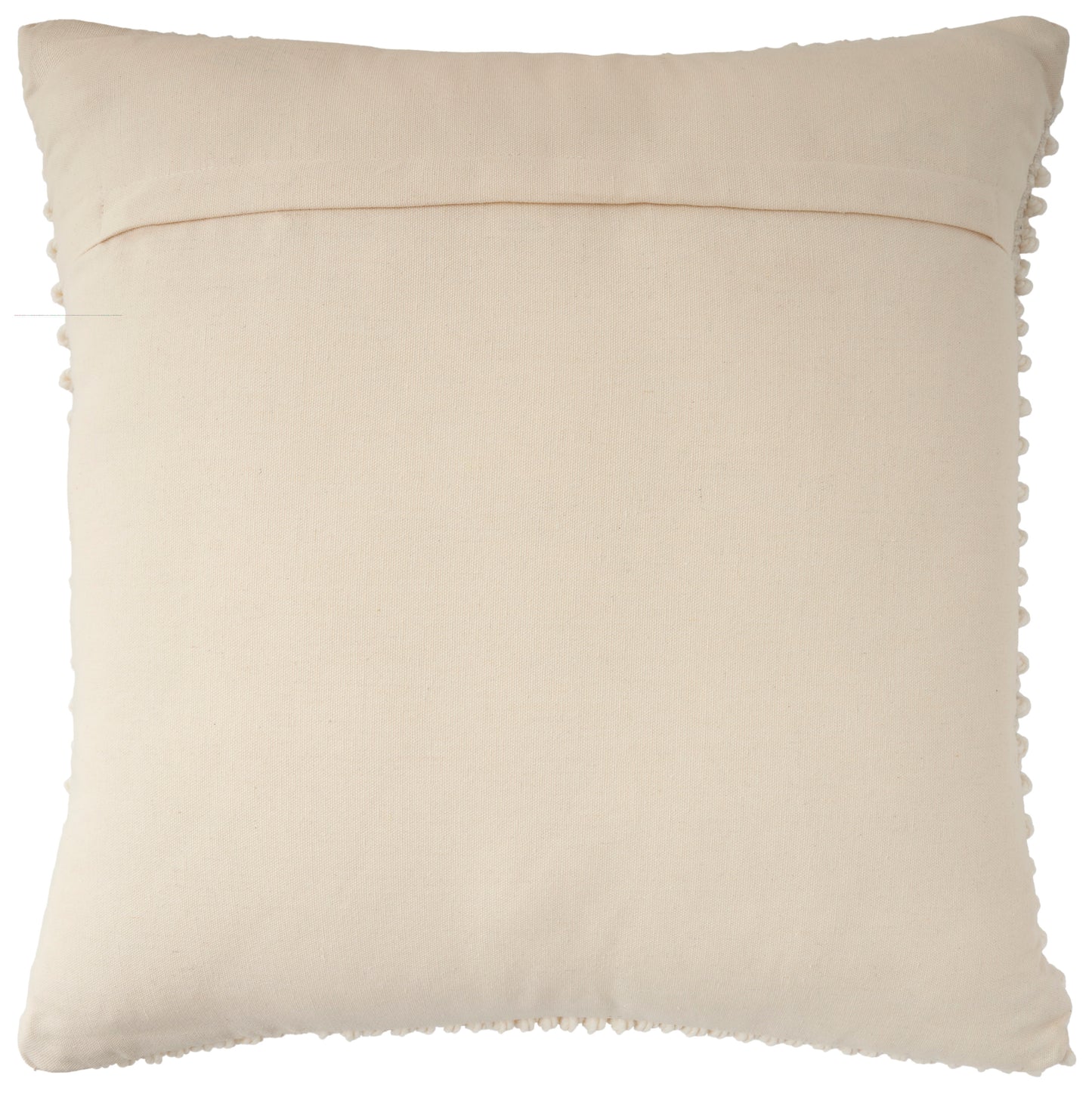 Soft cream cotton throw pillow, square shape with delicate pom-pom trim along edges.