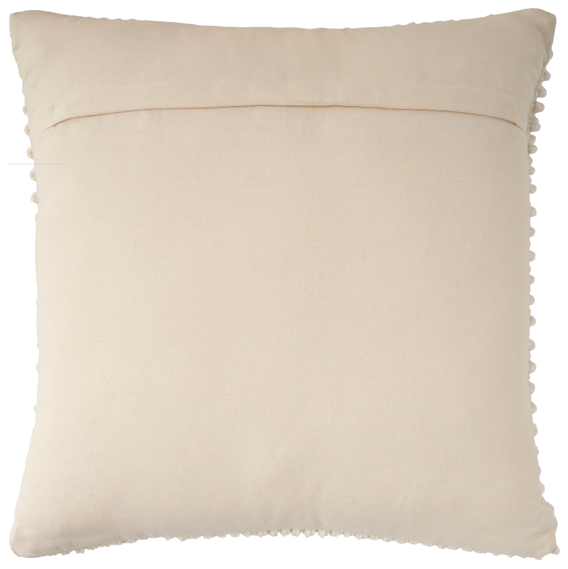 Soft cream cotton throw pillow, square shape with delicate pom-pom trim along edges.