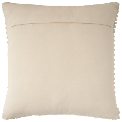Soft cream cotton throw pillow, square shape with delicate pom-pom trim along edges.