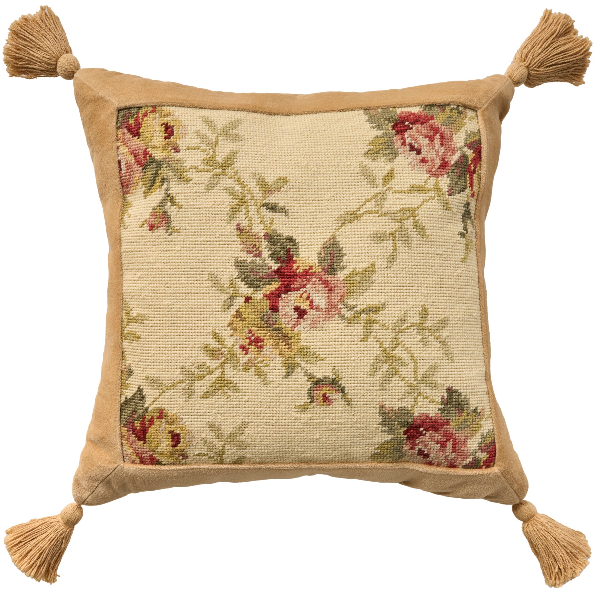 Square decorative cushion with cream-beige floral tapestry front, tan border, and tassel corners.