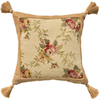 Square decorative cushion with cream-beige floral tapestry front, tan border, and tassel corners.