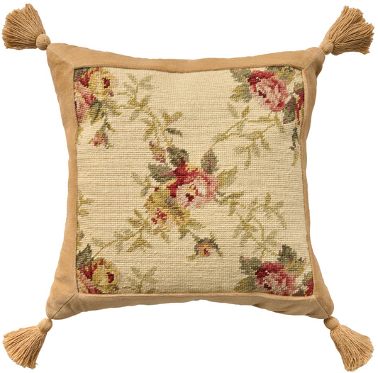 Square decorative cushion with cream-beige floral tapestry front, tan border, and tassel corners.