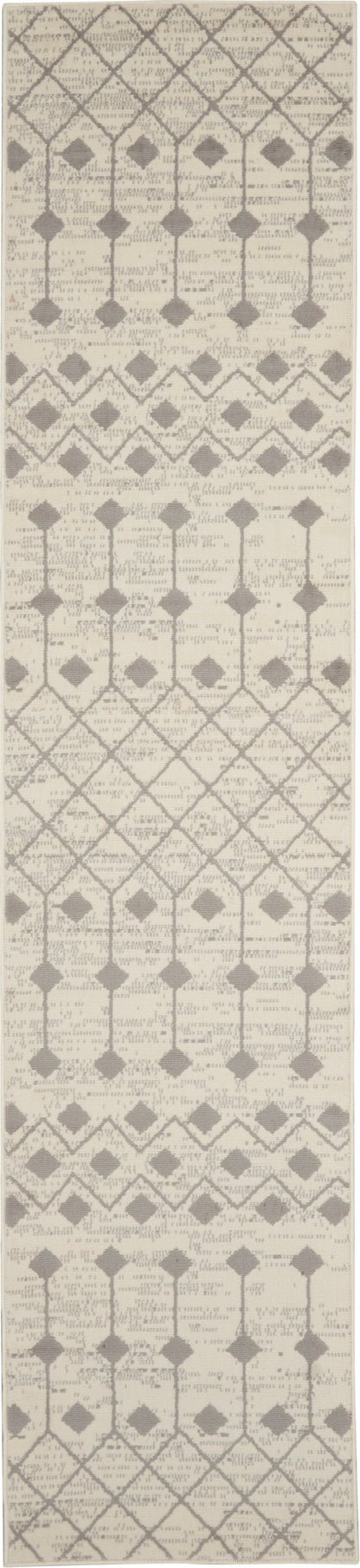 Beige 10' runner rug with gray lattice diamonds and small diamond motifs; repeating geometric pattern for hallways.