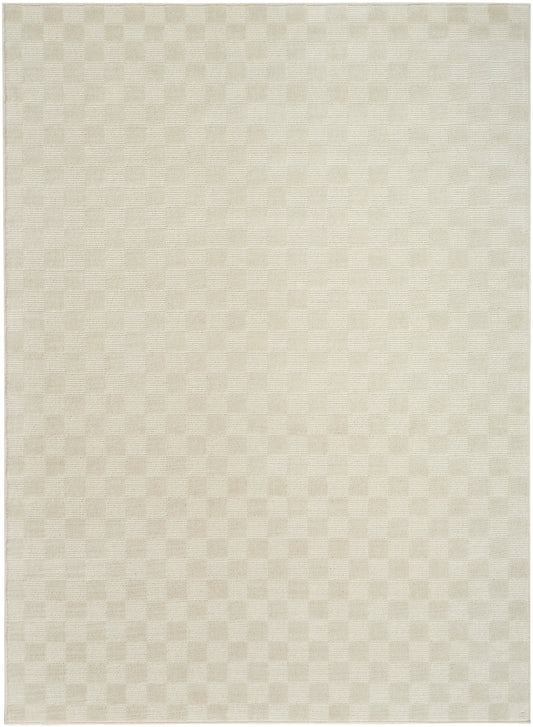 Beige rectangular rug with a subtle checkerboard weave texture in oatmeal tones.