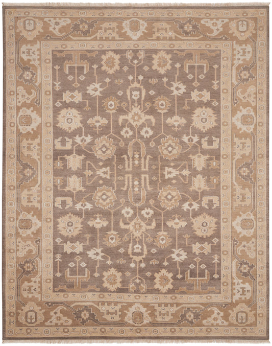 Taupe central field rug with beige ivory floral motifs and a beige border; traditional oriental style.