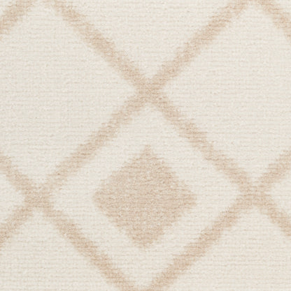 Cream textured rug with tan diamond lattice pattern; plush, soft weave & modern geometric style for living room.