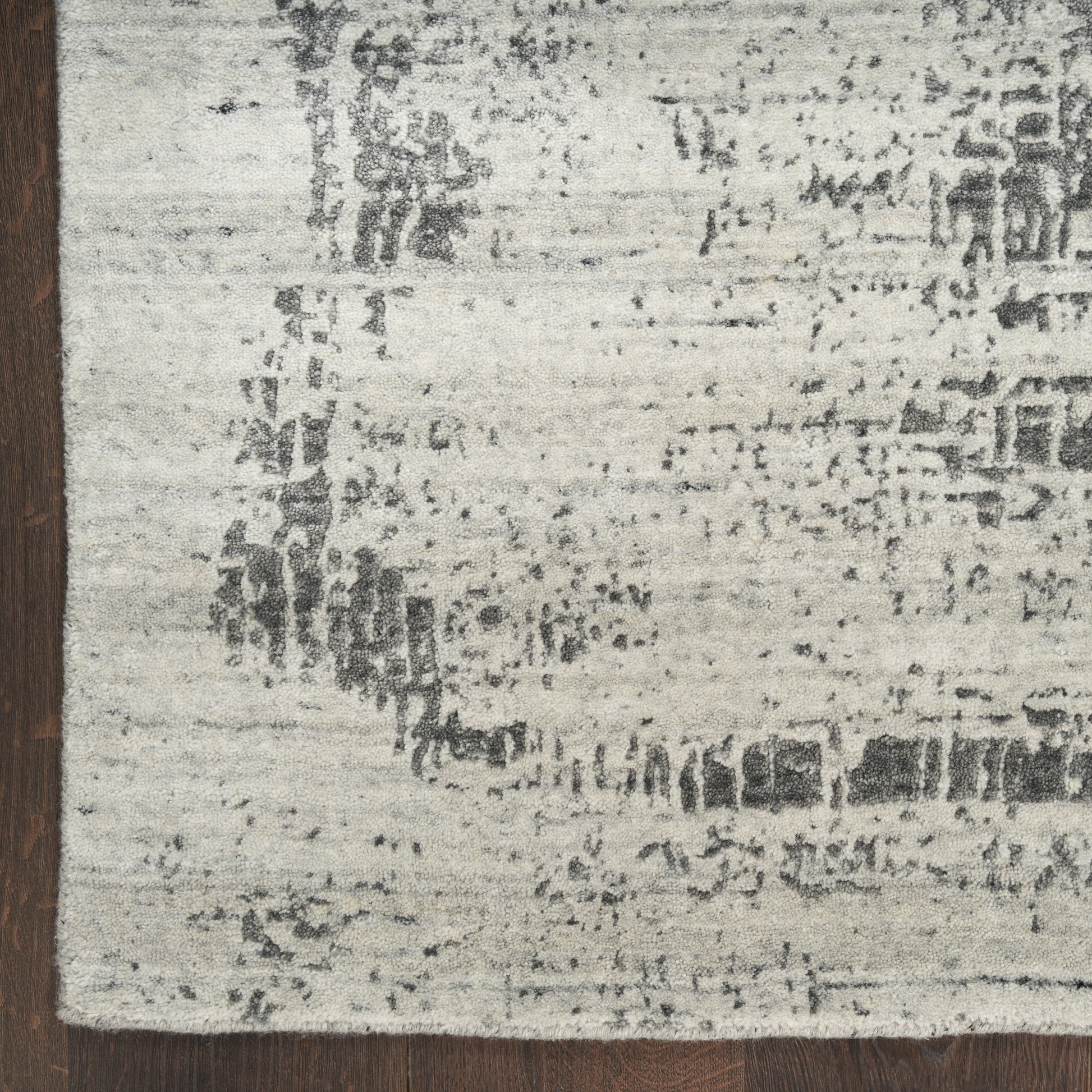 Beige-gray distressed area rug with subtle abstract pattern and dark brown border.