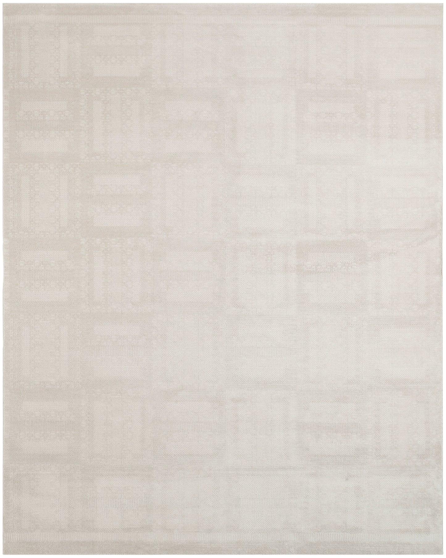 Beige rectangular rug with a subtle pale geometric grid pattern and a soft woven texture.