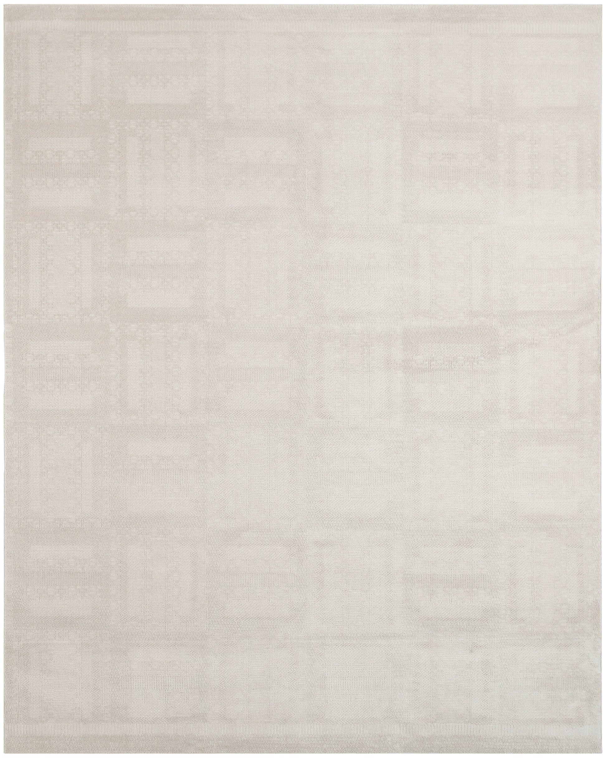 Beige rectangular rug with a subtle pale geometric grid pattern and a soft woven texture.