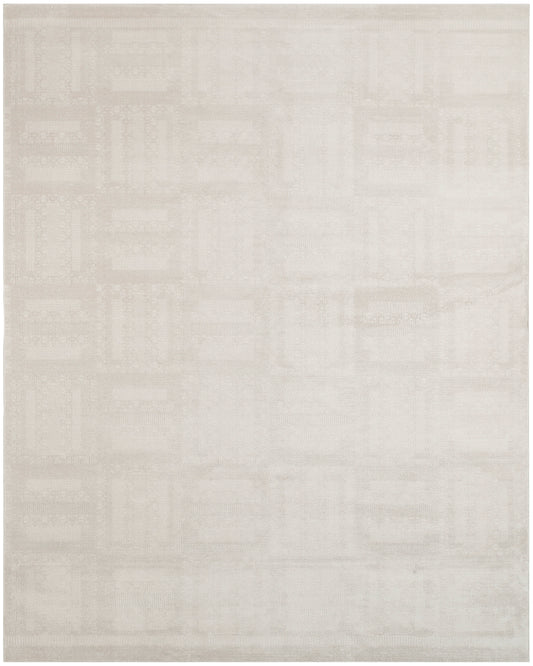 Beige rectangular rug with a subtle pale geometric grid pattern and a soft woven texture.