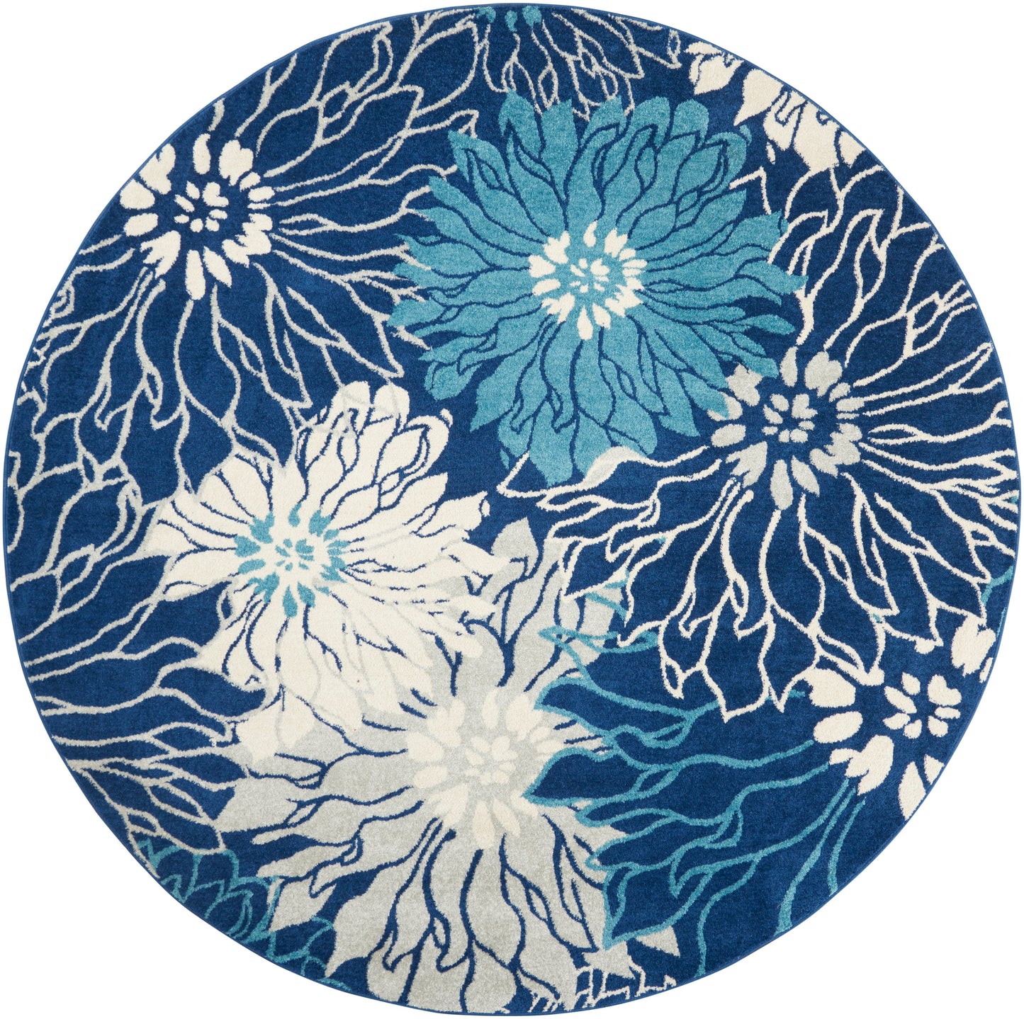 8' round rug with navy background and bold white and teal floral motifs, contemporary style.