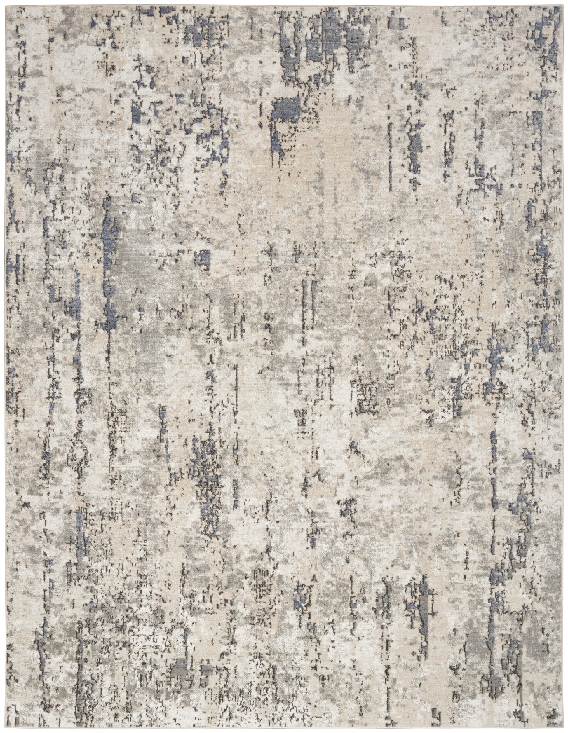 Neutral cream and gray abstract area rug with a distressed vertical brushstroke pattern.