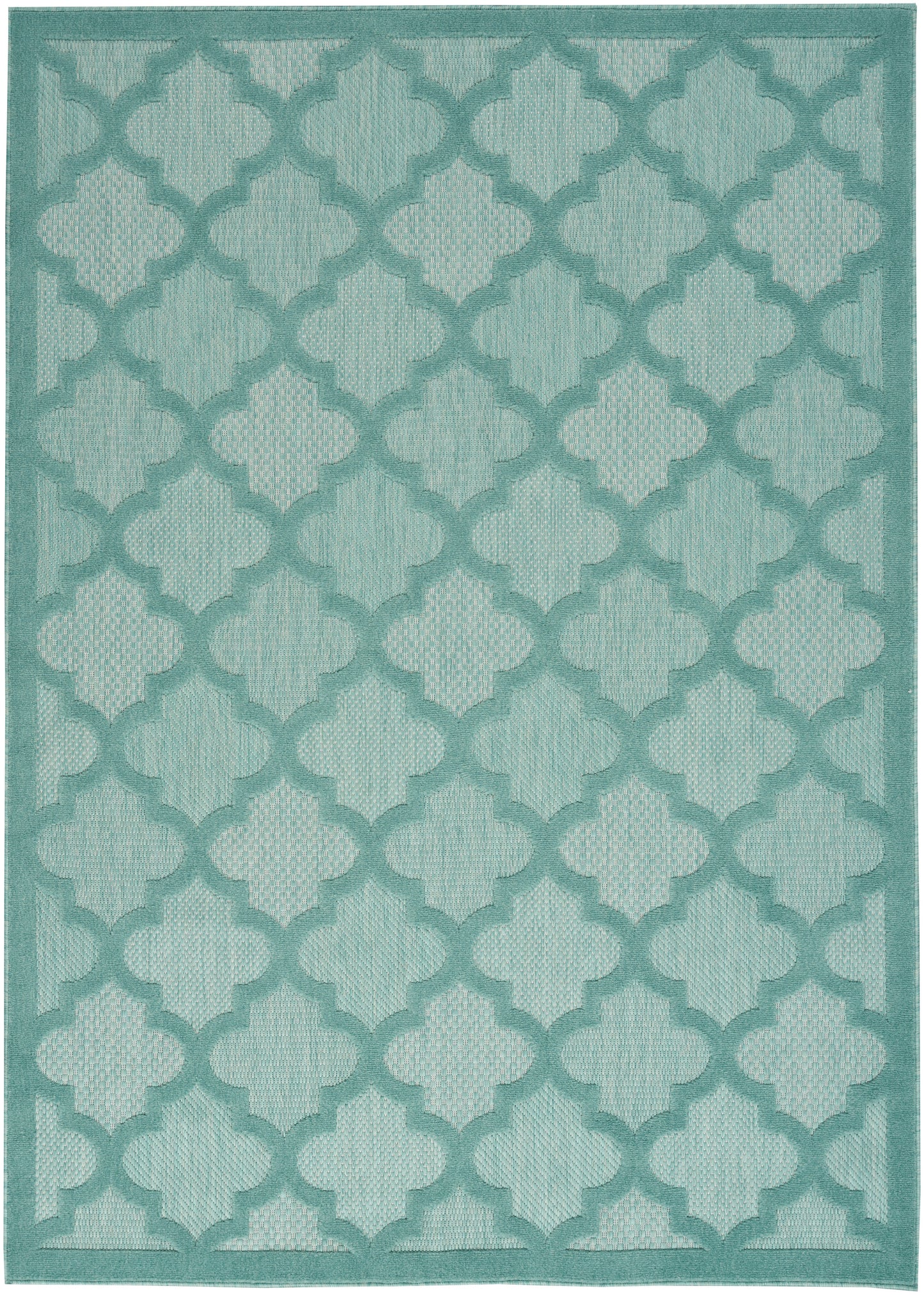 Teal geometric quatrefoil trellis rug with border; modern rectangular area rug for living room or entry.