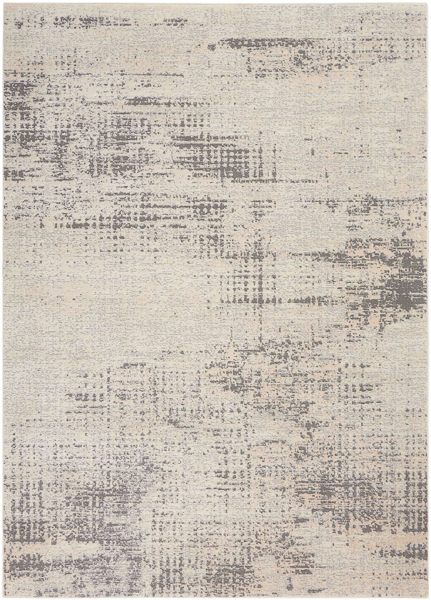 Rectangular beige and gray distressed abstract area rug with a soft texture; modern neutral decor for living room.
