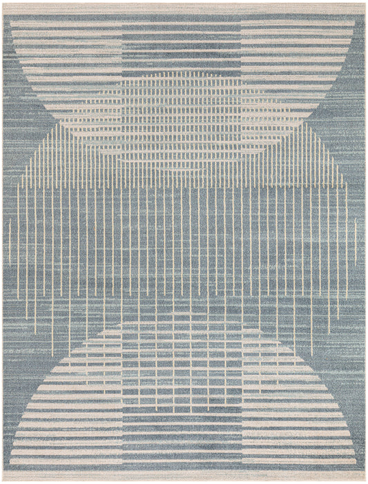 Blue-gray geometric rug with large cream semicircles and vertical lines; modern decor floor covering.