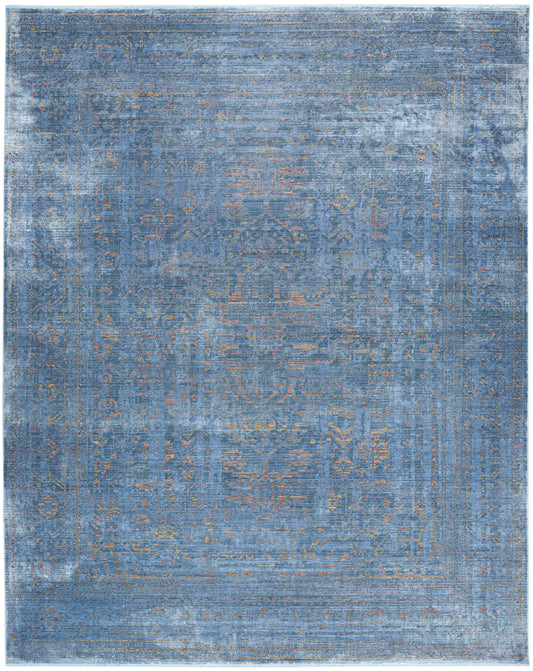 Blue distressed oriental area rug with copper highlights, rectangular vintage Persian-style pattern, low-pile for living room decor.