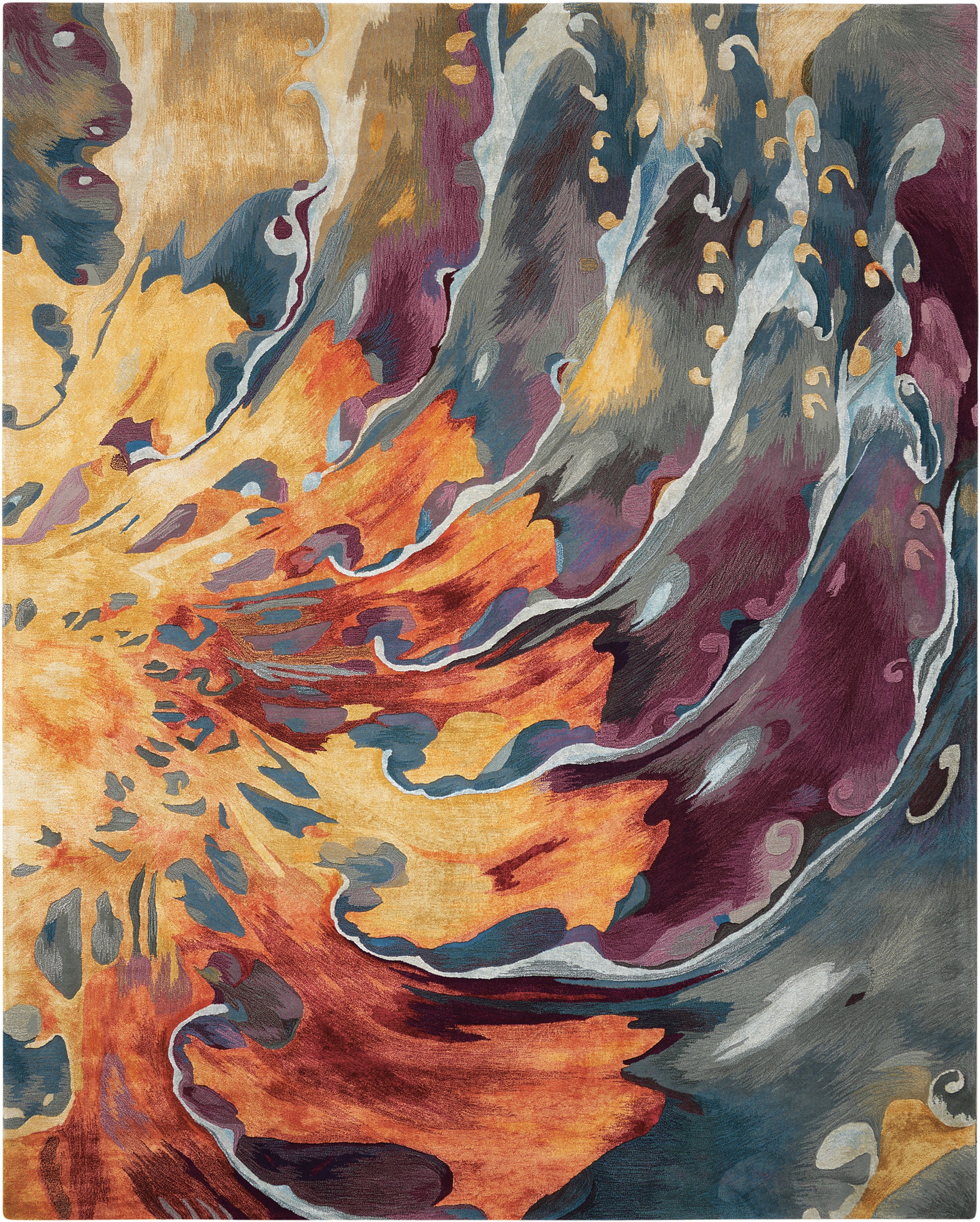 Vibrant abstract area rug with swirling orange, gold, teal and purple waves.