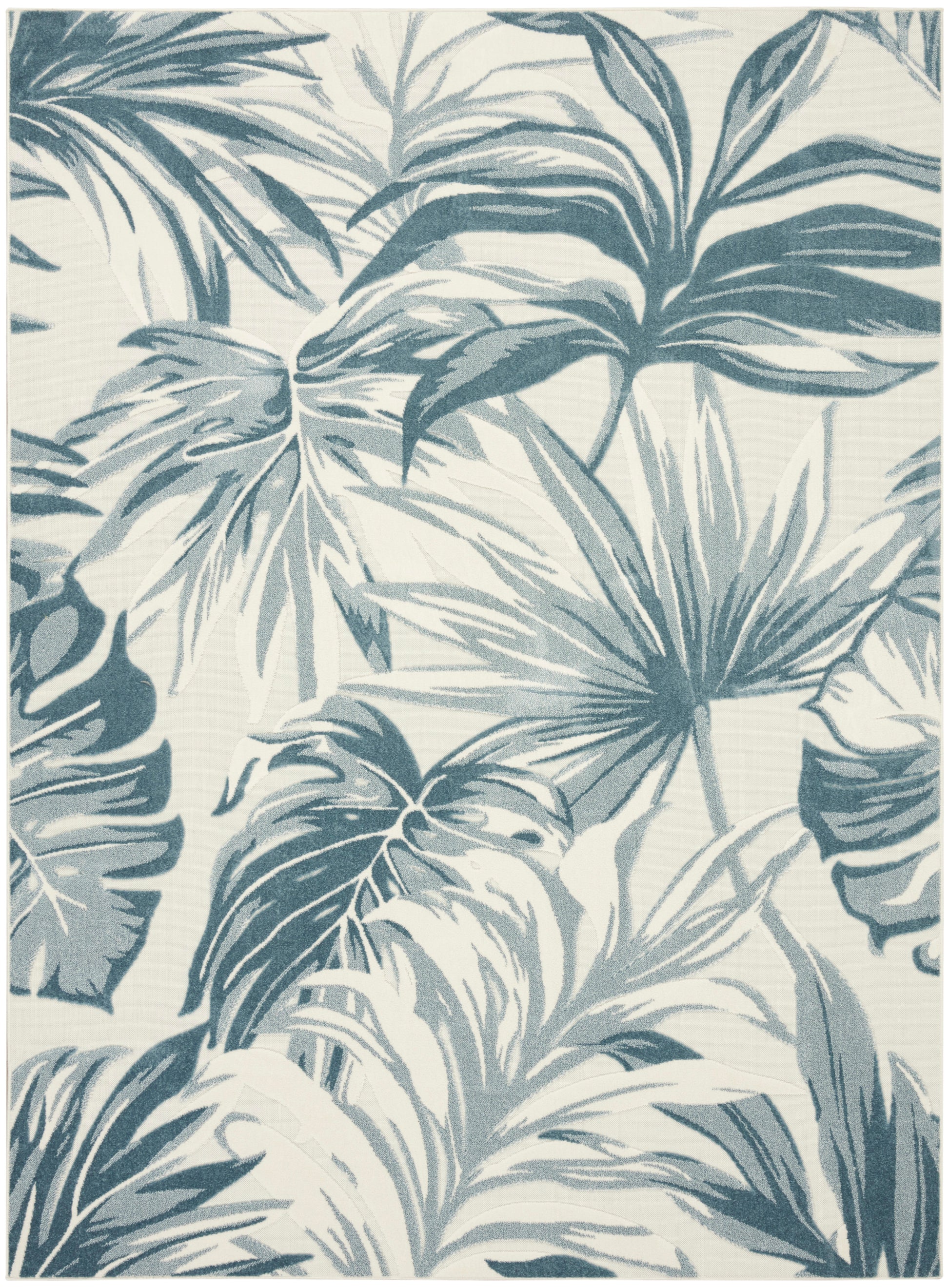 Blue-gray palm leaves tropical pattern on cream background; bold botanical rug decor.