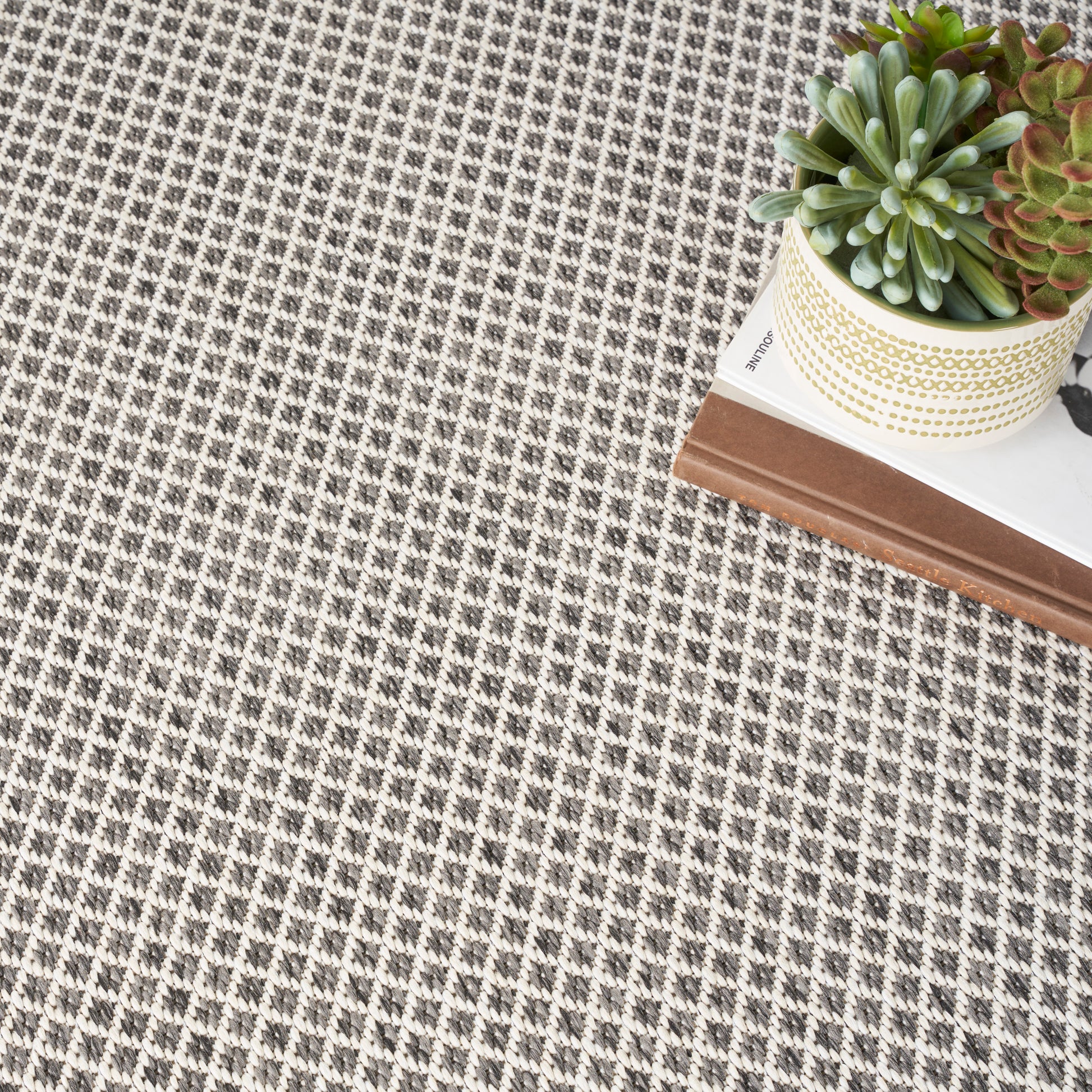 Matte taupe rectangular decor panel; partial view of a succulent planter and a checkered rug in background.