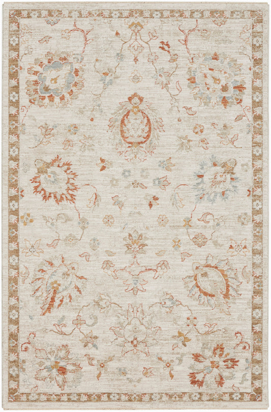 Traditional rectangular area rug with ivory base, faded floral motifs in coral, sky blue, taupe, and tan; ornate border.