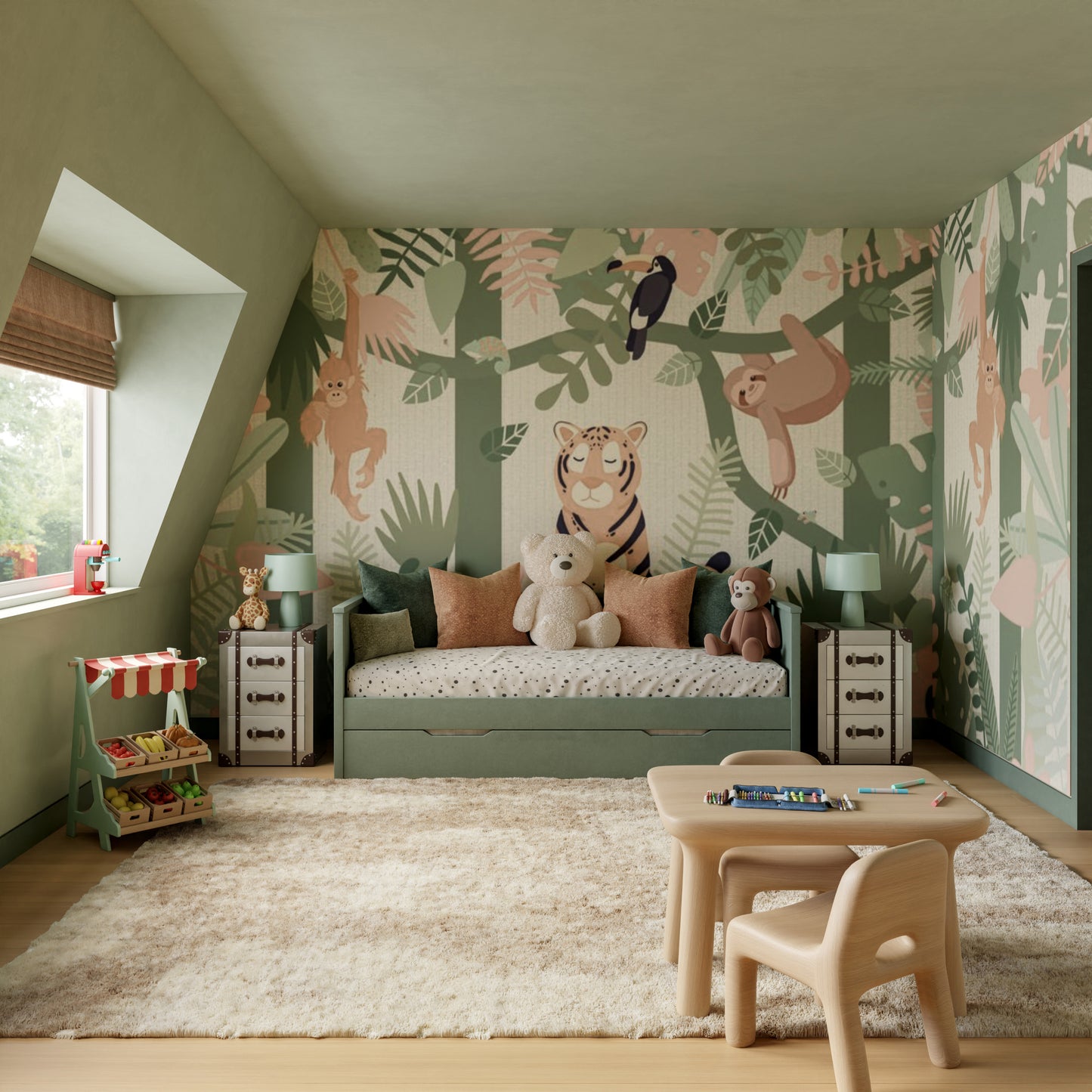 Kids' bedroom with jungle mural walls, green daybed, plush toys, two matching nightstands, shag rug, wooden table and chairs.