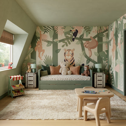 Kids' bedroom with jungle mural walls, green daybed, plush toys, two matching nightstands, shag rug, wooden table and chairs.