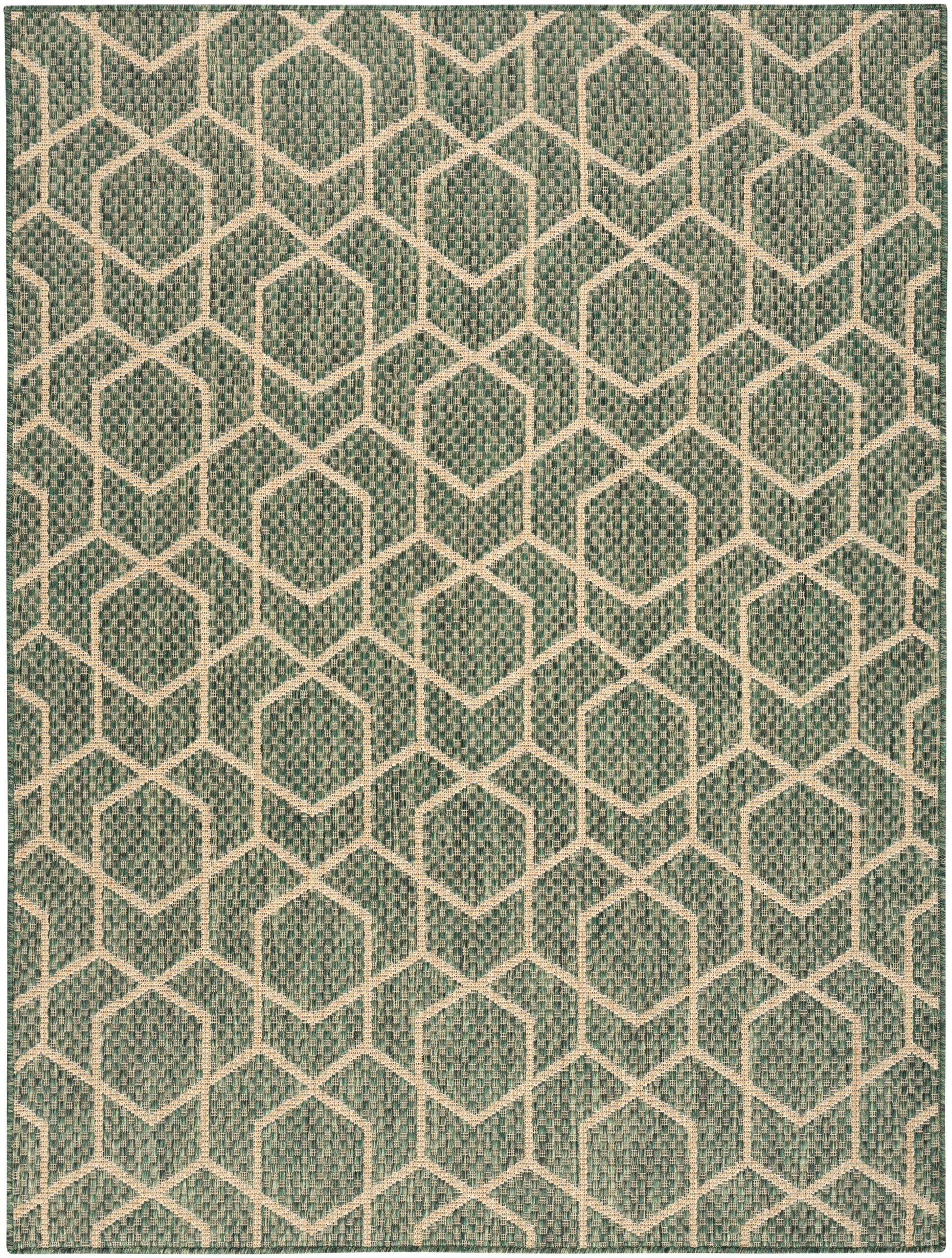 Teal woven rug with beige geometric hexagon lattice pattern; contemporary, textured home decor.