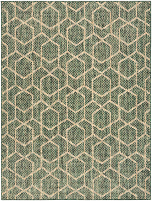 Teal woven rug with beige geometric hexagon lattice pattern; contemporary, textured home decor.
