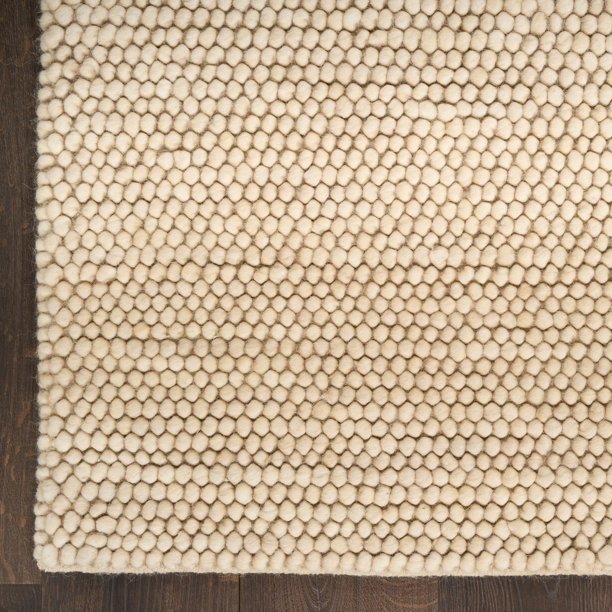 Beige loop-pile rug with dark brown border on wood floor, cozy neutral decor.