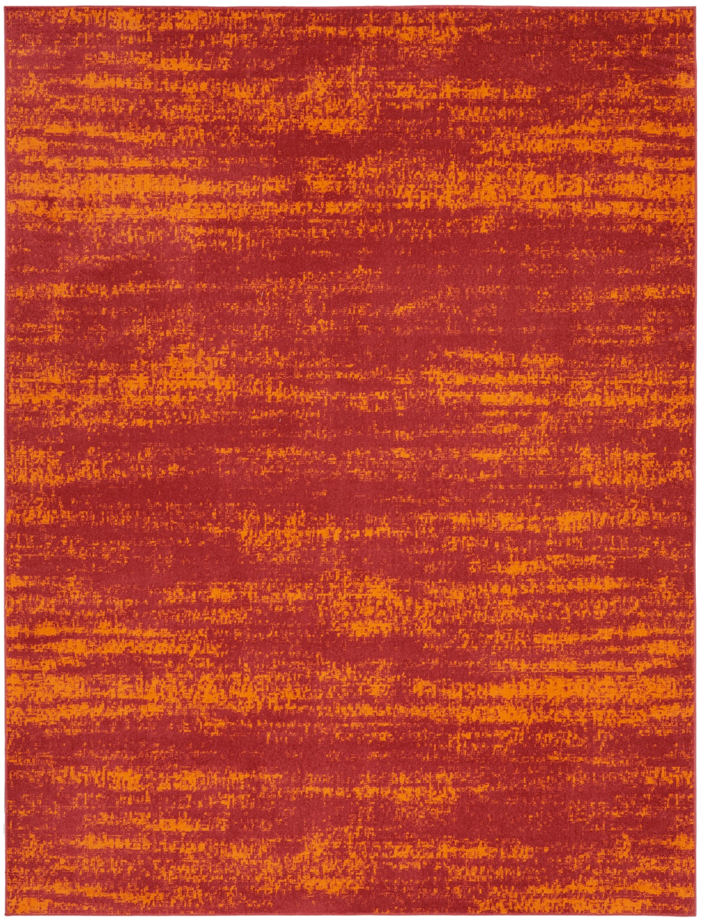 Rectangular area rug in burnt orange & burgundy with a distressed abstract pattern; contemporary style.