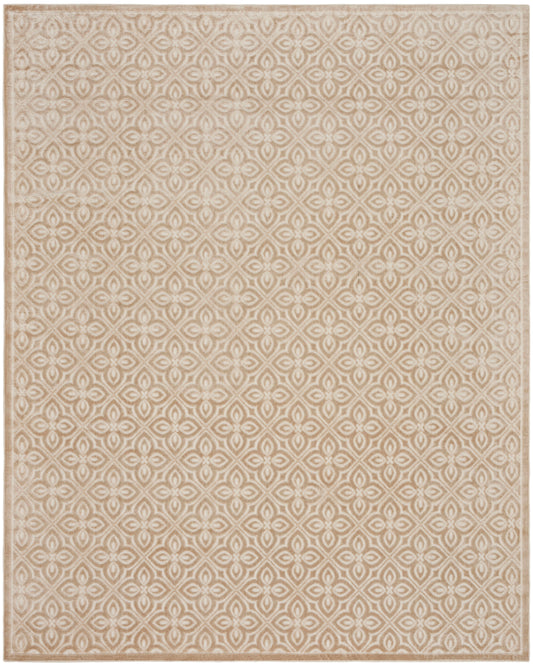 Beige area rug with a repeating light-cream diamond motif and a narrow darker beige border.