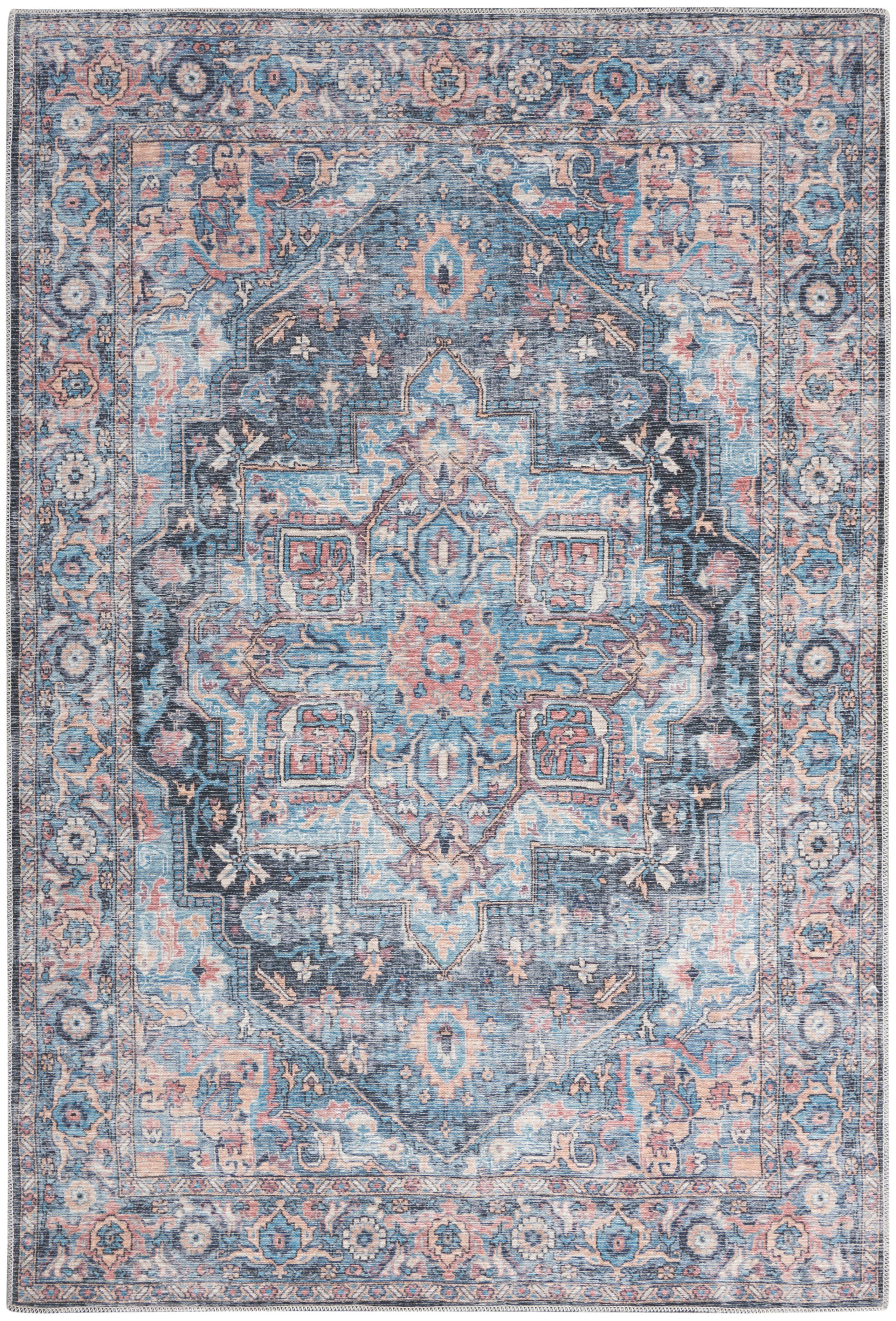 Blue and blush oriental rug with central medallion and ornate floral border.
