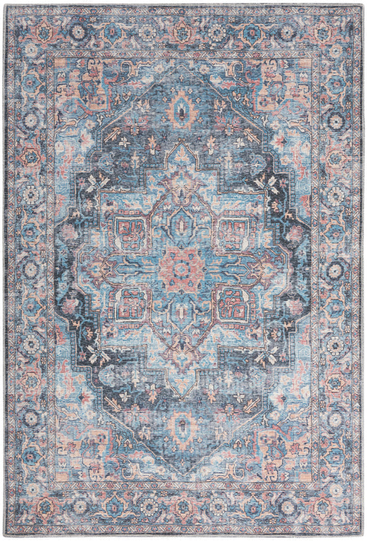 Blue and blush oriental rug with central medallion and ornate floral border.