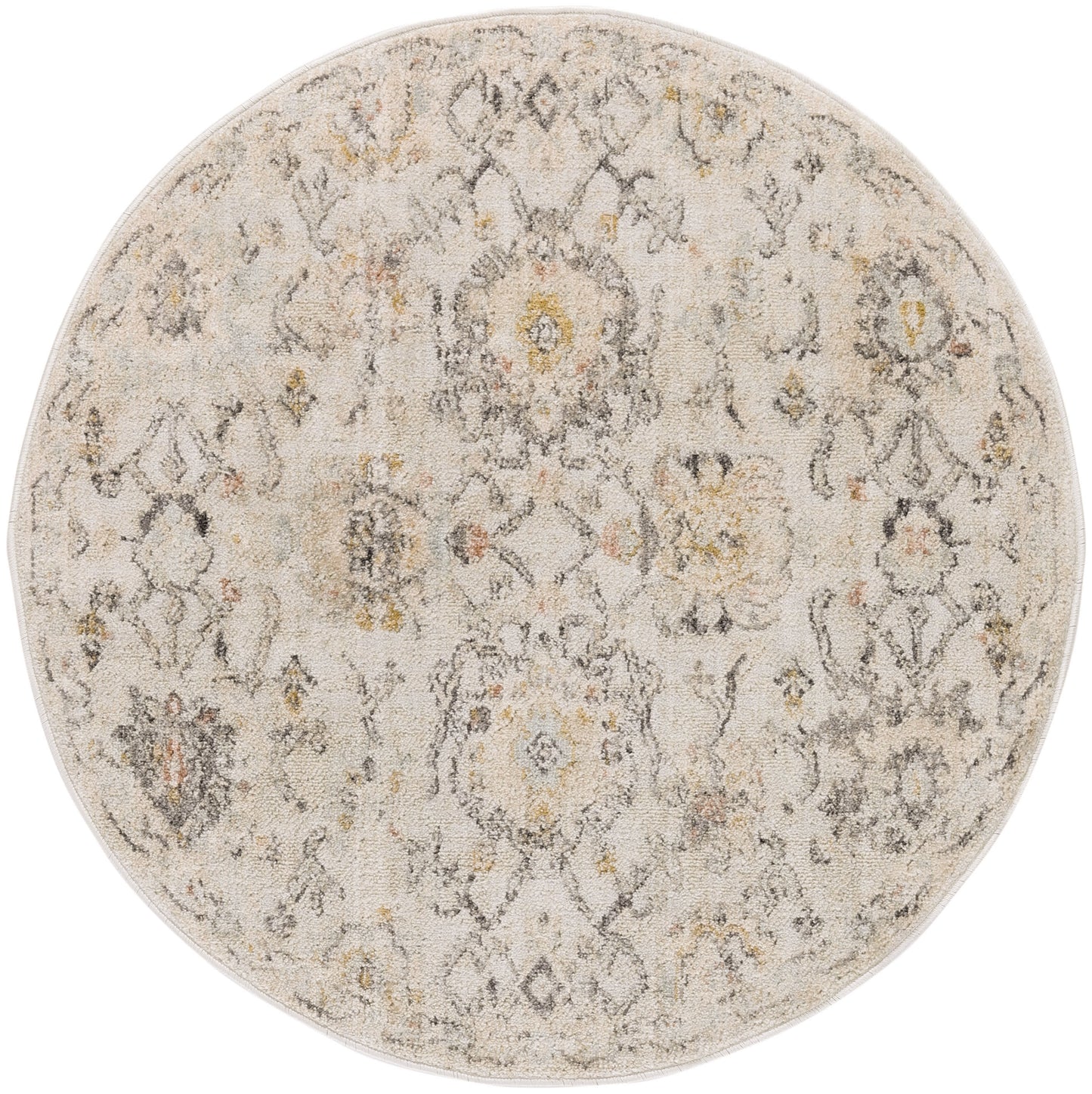 Round beige vintage-style rug with distressed grey & pale yellow floral medallion pattern.