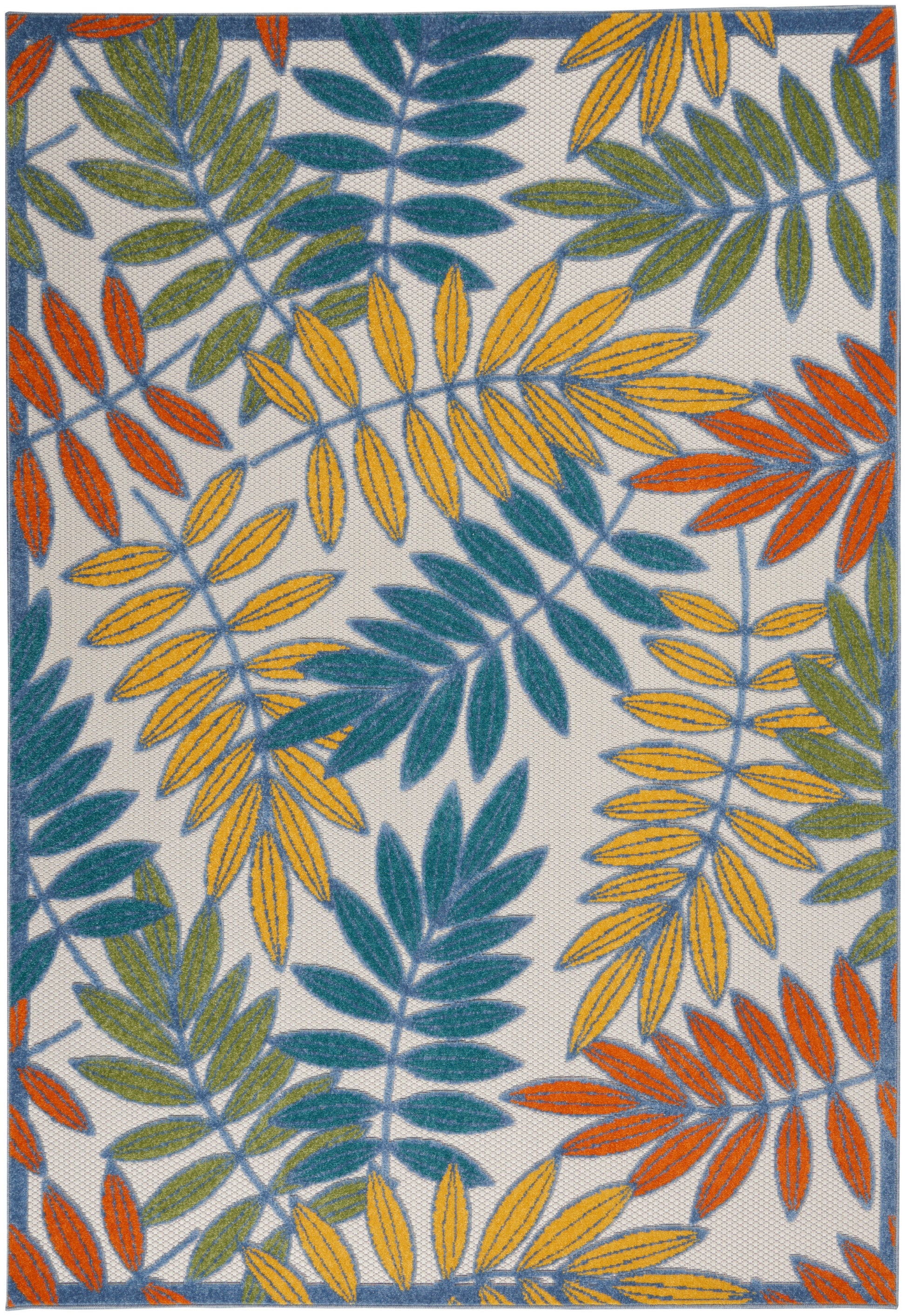 Woven area rug with teal, yellow and orange tropical leaves and a blue border.