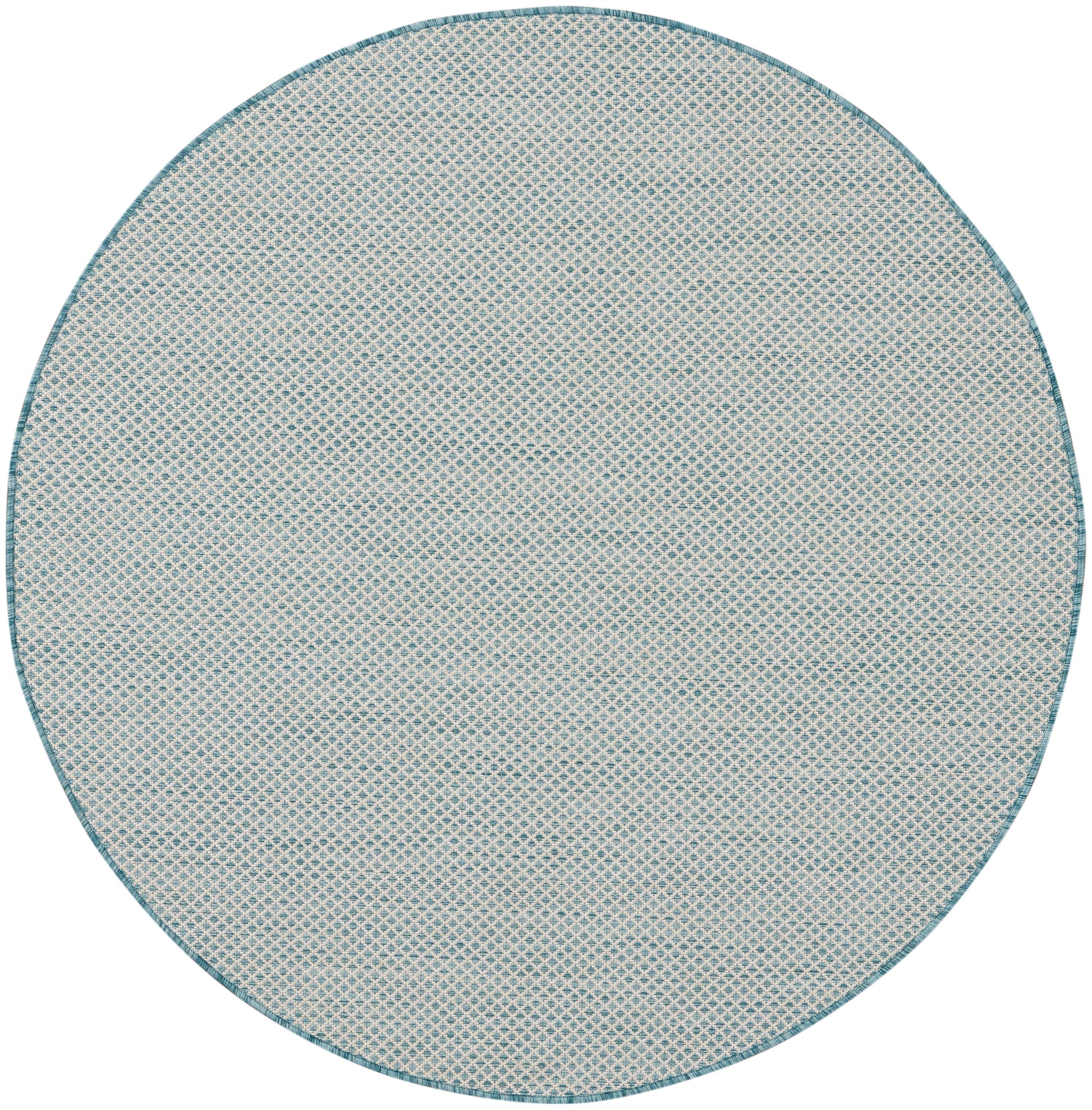 Round beige rug with teal border and a fine woven lattice pattern.