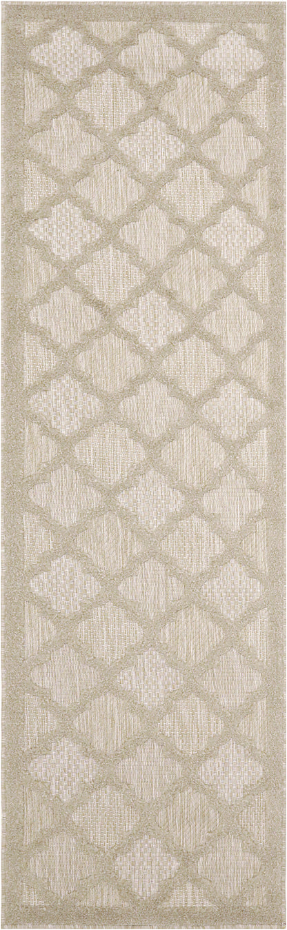Beige rectangular runner rug with a woven diamond lattice pattern in soft cream tones and a subtle textured border.